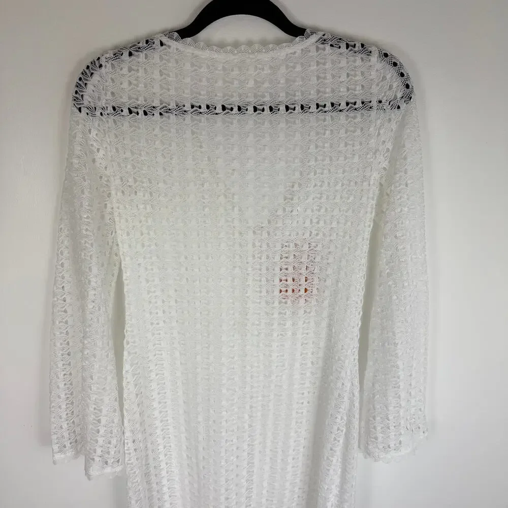 NWT Sunfere Womens Long Sleeve Open Knit Crochet Swimsuit White Cover-Up Dress - Picture 5 of 8